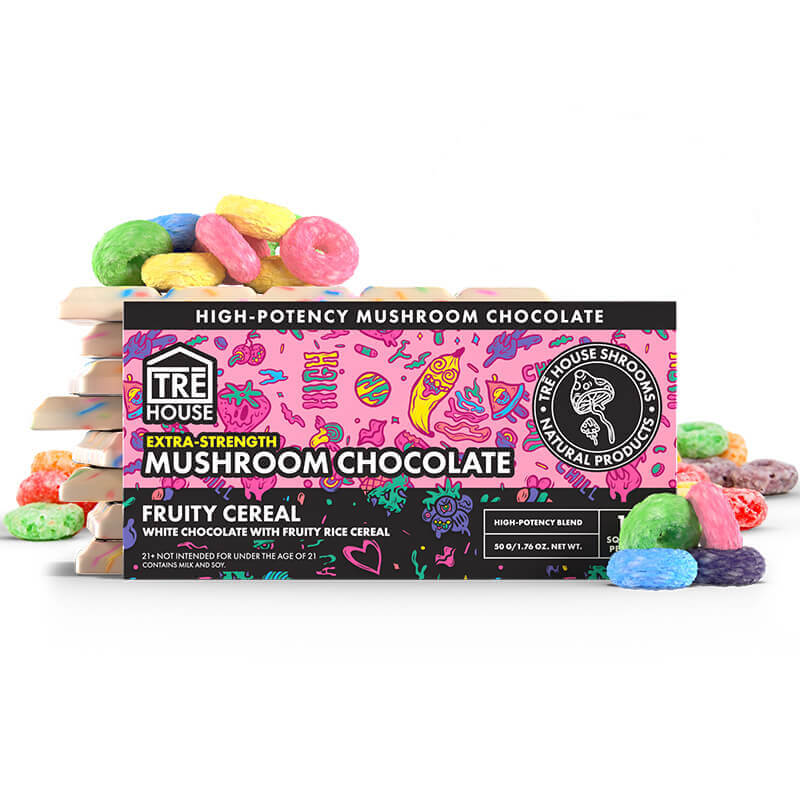 Box of Tre House Extra-Strength Mushroom Chocolate with a Fruity Cereal flavor. Tre House ships to all 50 states.