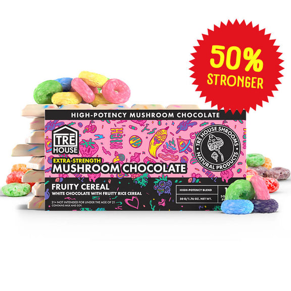 Box of Tre House Extra-Strength Mushroom Chocolate with a Fruity Cereal flavor. Tre House ships to all 50 states.