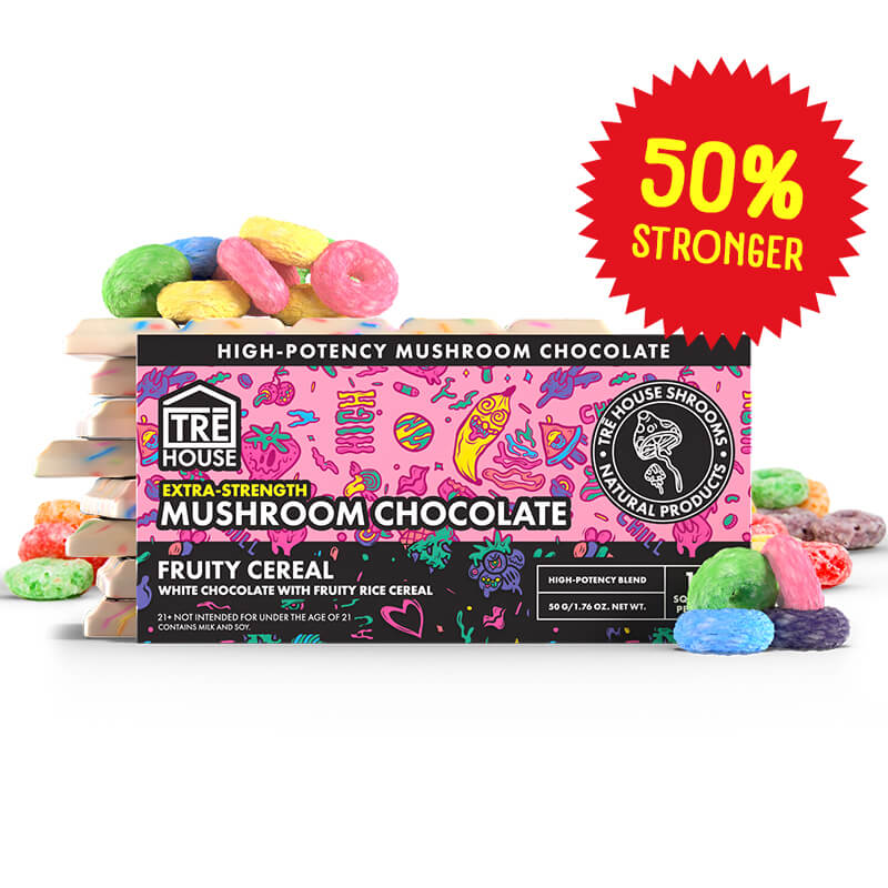 Box of Tre House Extra-Strength Mushroom Chocolate with a Fruity Cereal flavor. Tre House ships to all 50 states.