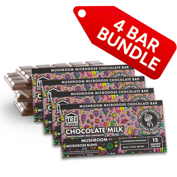 Four packages of the discounted Tre House Chocolate Milk flavored Bulk Mushroom  Chocolate Bar with a red '4 Bar Bundle' tag above it.  
