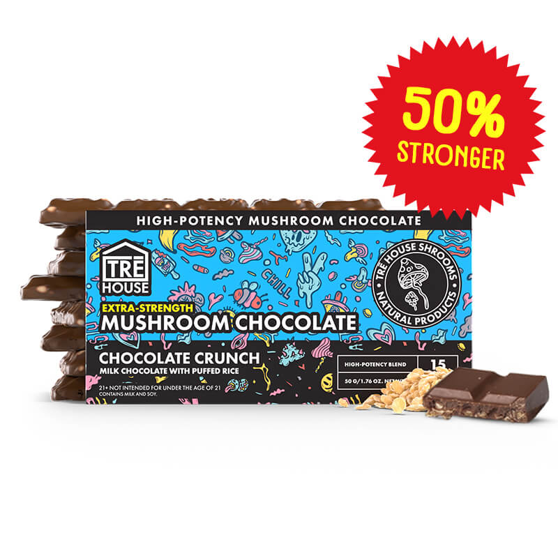 Product packaging for Tre House Chocolate Crunch Mushroom Chocolate Bar.