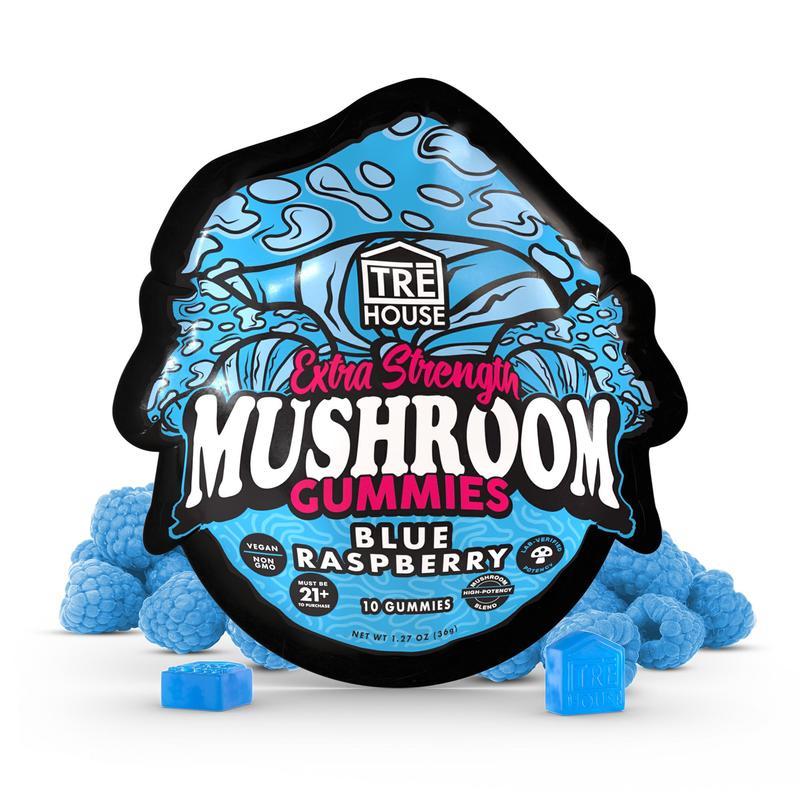 TRĒ House Blue Raspberry mushroom gummies, extra-strength 10 count bag, highlighting upgraded formula and bold blue raspberry flavor.
