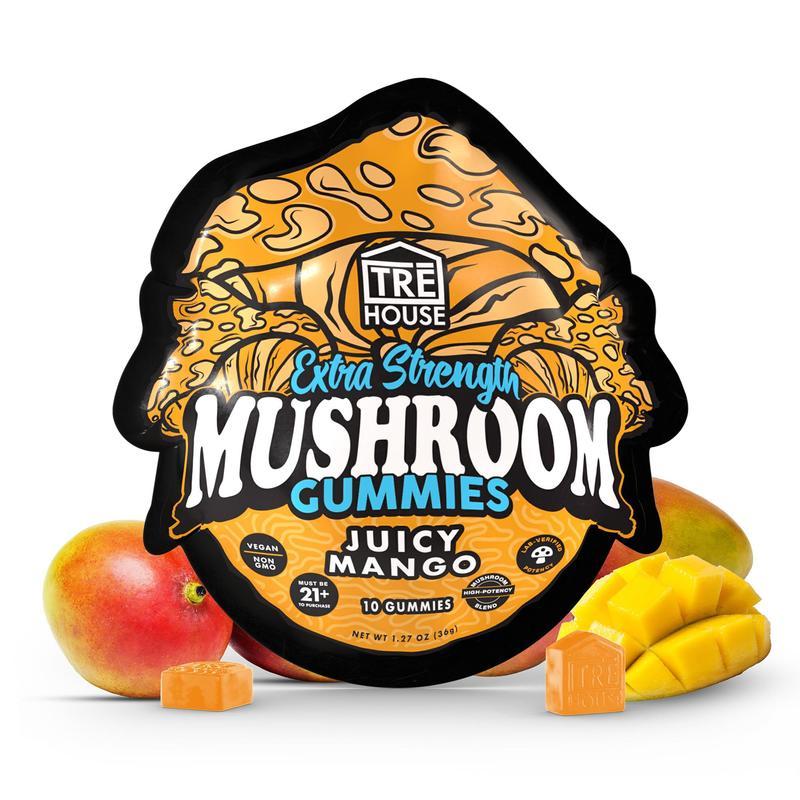 TRĒ House Juicy Mango mushroom gummies extra-strength 10 count bag highlighting upgraded formula and ripe mango flavor.