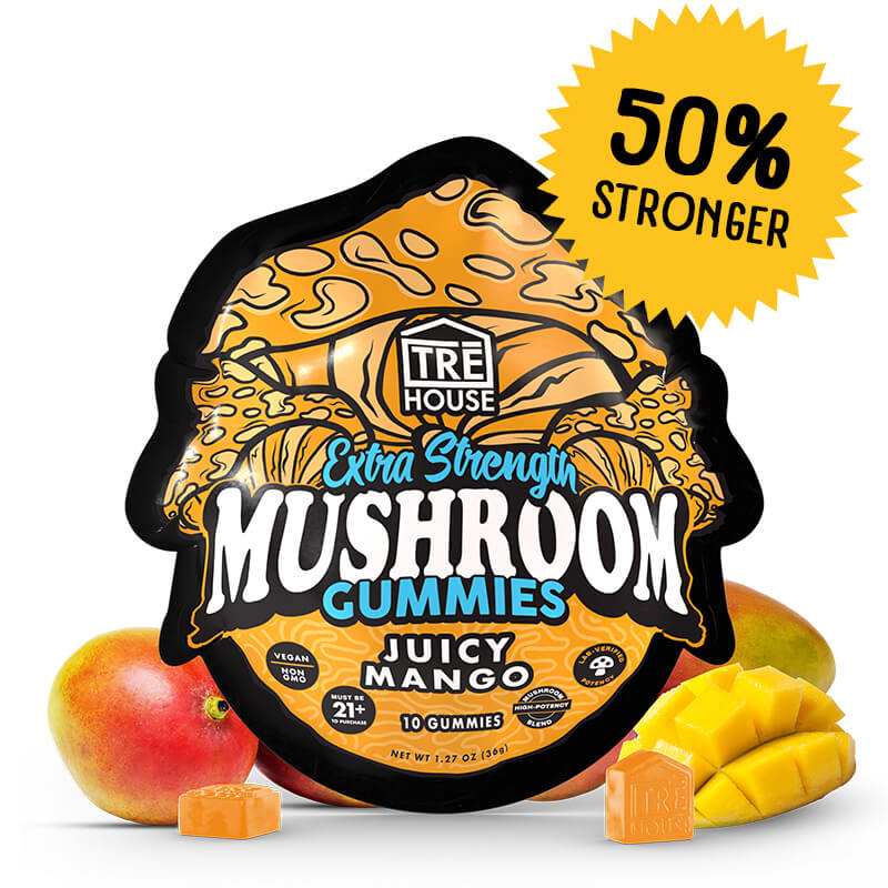 TRĒ House Juicy Mango mushroom gummies extra-strength 10 count bag highlighting upgraded formula and ripe mango flavor.
