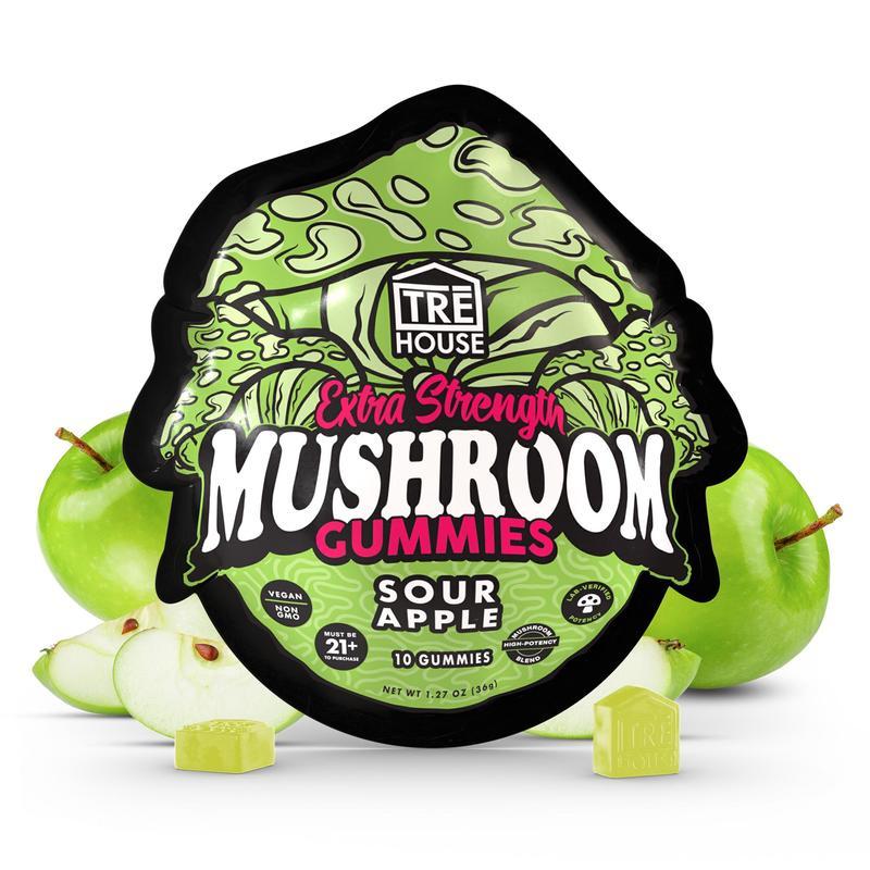 TRĒ House Sour Apple mushroom gummies, extra-strength 10 10-count bag, highlighting upgraded formula and tart green apple flavor.