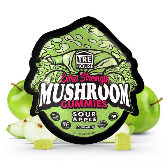 TRE House Sour Apple Mushroom Gummies Extra Strength 10-count resealable pouch with proprietary blend of Turkey Tail, Lion's Mane, Cordyceps, and Chaga.