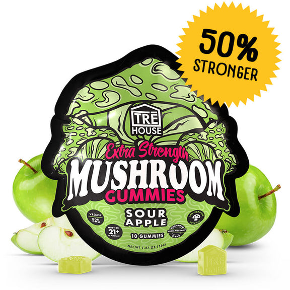 TRĒ House Sour Apple mushroom gummies, extra-strength 10 10-count bag, highlighting upgraded formula and tart green apple flavor.