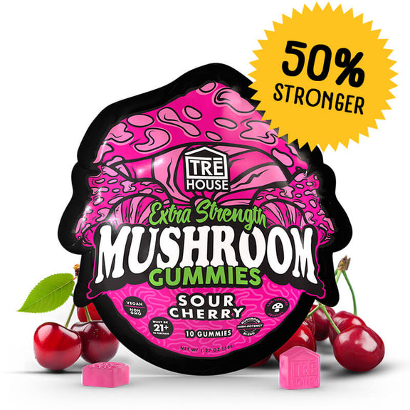 TRĒ House Sour Cherry mushroom gummies, extra-strength 10 count bag, highlighting upgraded formula and bold sour cherry flavor.