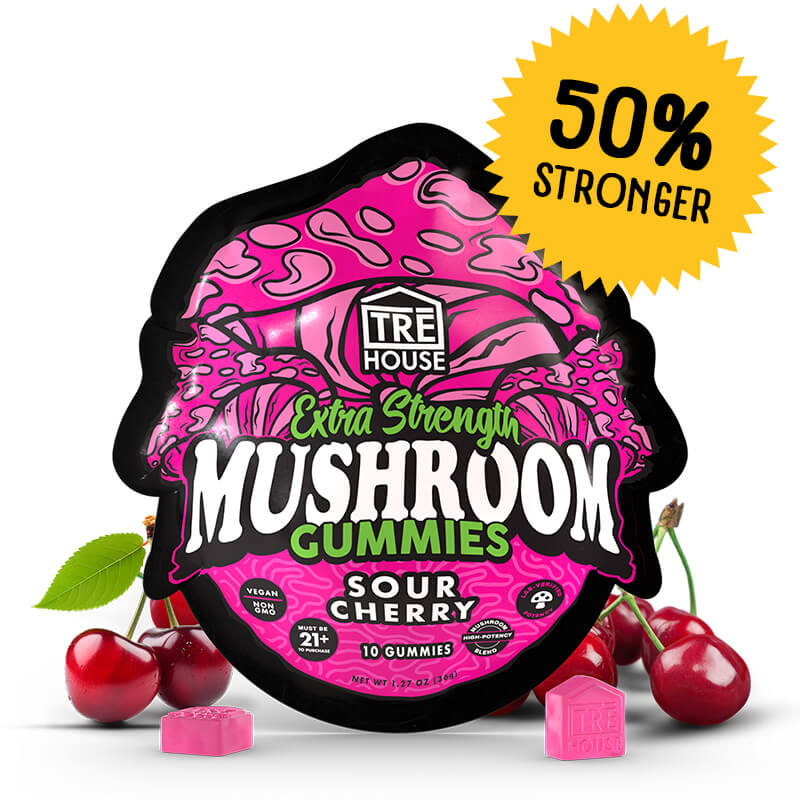 TRĒ House Sour Cherry mushroom gummies, extra-strength 10 count bag, highlighting upgraded formula and bold sour cherry flavor.