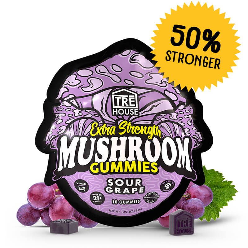 TRĒ House Sour Grape mushroom gummies extra-strength 10 count bag highlighting upgraded formula and bold grape candy flavor.