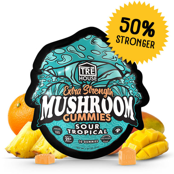 TRĒ House Sour Tropical mushroom gummies extra-strength 10 count bag highlighting upgraded formula and tangy tropical fruit flavor.