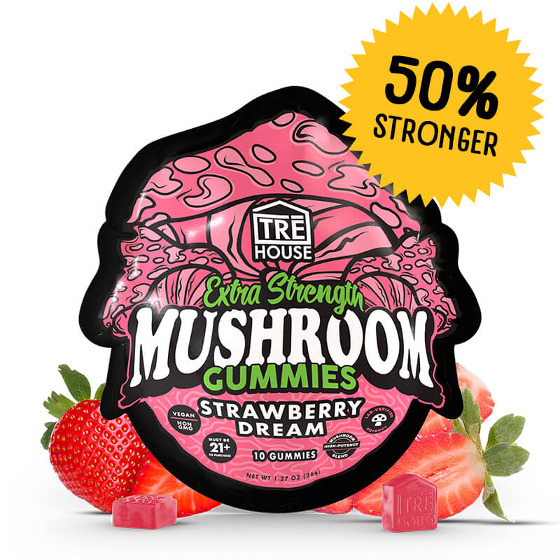 TRĒ House strawberry dream mushroom gummies extra-strength 10 count bag highlighting upgraded formula and fruity strawberry flavor.