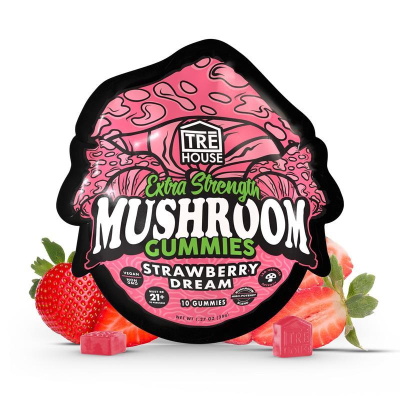 TRĒ House strawberry dream mushroom gummies extra-strength 10 count bag highlighting upgraded formula and fruity strawberry flavor.