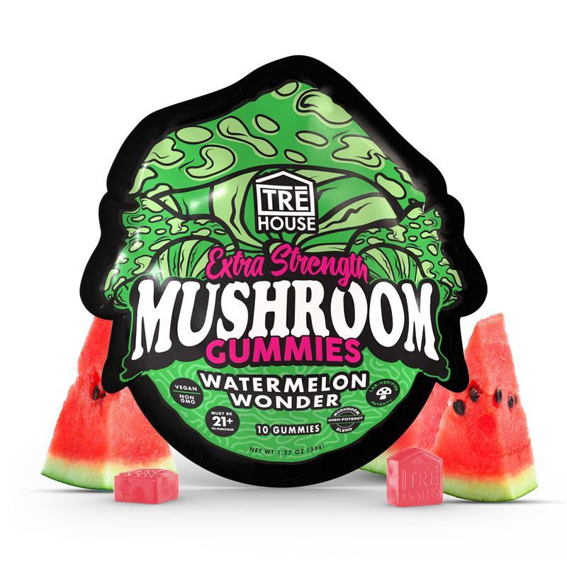 TRĒ House Watermelon mushroom gummies extra-strength 10 count bag highlighting upgraded formula and fresh watermelon flavor.