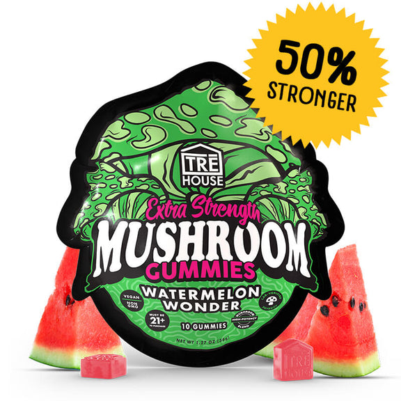 TRĒ House Watermelon mushroom gummies extra-strength 10 count bag highlighting upgraded formula and fresh watermelon flavor.