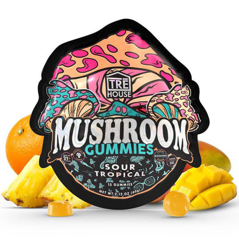 Front of TRĒ House Sour Tropical mushroom Gummies pouch featuring vibrant tropical fruit design and dosage details.