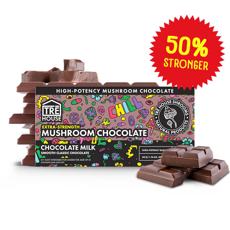 TRE House Milk Chocolate Mushroom Chocolate Bar with extra-strength formula and 15 breakable squares.