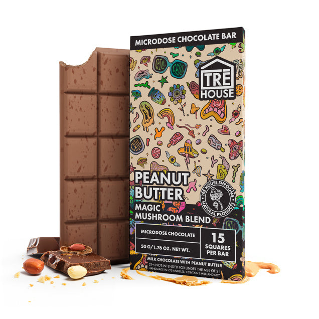  Front of TRĒ House Chocolate Milk Mushroom Chocolate bar with classic brown design and 15-square label.