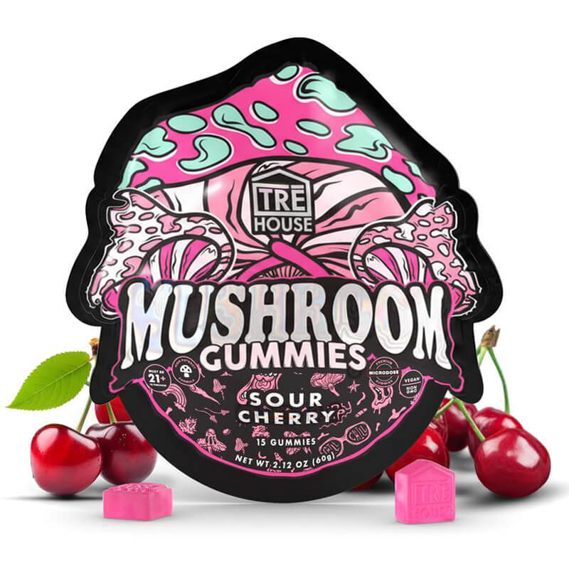 Front of TRĒ House Sour Cherry mushroom Gummies with bright red visuals and bold TRĒ House logo.