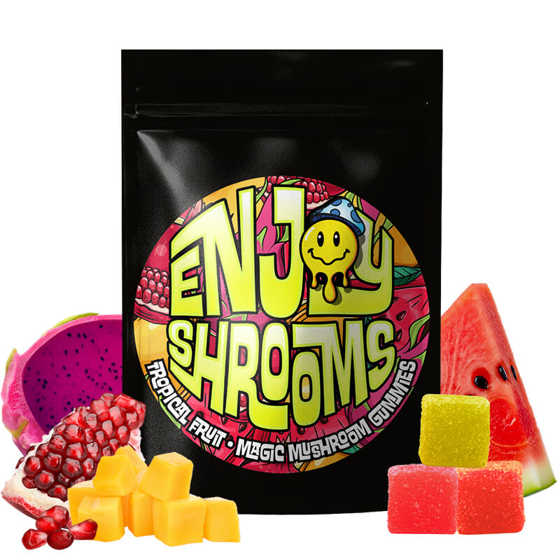 Enjoy Shrooms Bulk Tropical Fruit Mushroom Gummies, 50-count bag, featuring bold tropical flavor and unbeatable bulk value.