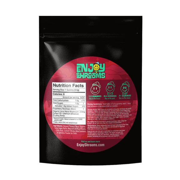 Back of Enjoy Shrooms Bulk Watermelon Gummies packaging showing ingredients, bulk count, and storage information.