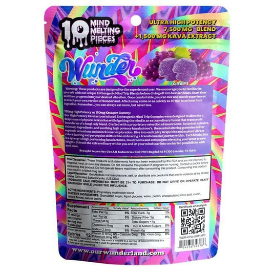  The back of Wunder Grape kava mushroom Gummies shows Kava dosage, mushroom blend, nutrition facts, and suggested use.