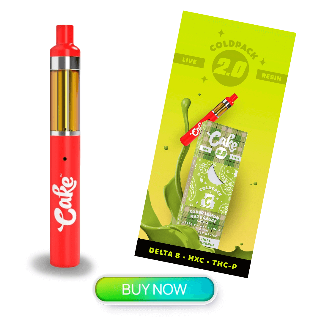 2-gram Cake cold pack disposable vape pen with delta-8 THC, HXC, and THC-P.
